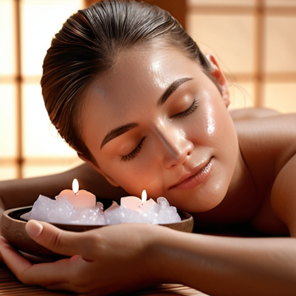 **

A serene woman enjoying a spa day. She is receiving a facial treatment, and there are aromatherapy diffusers and soft lighting in the background. The overall mood is calming and luxurious.

**