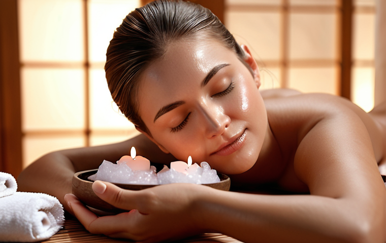 **

A serene woman enjoying a spa day. She is receiving a facial treatment, and there are aromatherapy diffusers and soft lighting in the background. The overall mood is calming and luxurious.

**