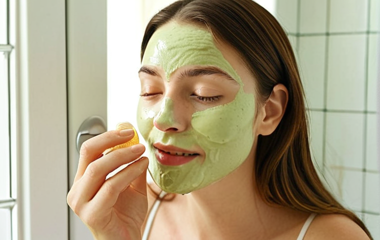 **Prompt:** A woman applying a homemade honey and yogurt face pack in a bright, natural light-filled bathroom. Focus on the creamy texture of the pack and the woman's relaxed expression. The background should subtly feature other DIY beauty ingredients like avocado and green tea powder.