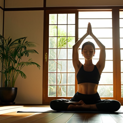 **

A woman peacefully practicing yoga under the morning sun, with a serene expression. Sunlight streams through a window, illuminating her silhouette. In the background, there are hints of a minimalist, clean Japanese interior with some green plants.

**