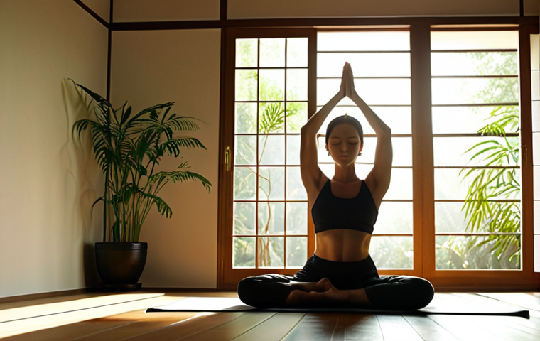 **

A woman peacefully practicing yoga under the morning sun, with a serene expression. Sunlight streams through a window, illuminating her silhouette. In the background, there are hints of a minimalist, clean Japanese interior with some green plants.

**
