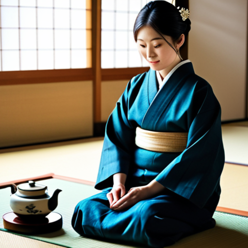 셀프케어 루틴과 개인 성장의 연결 - Peaceful Tea Ceremony**
Prompt: "A serene woman in a modest kimono, participating in a traditional ...
