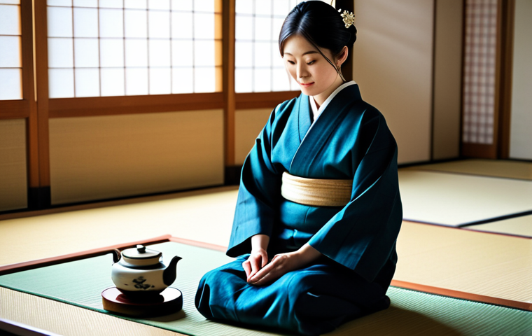 셀프케어 루틴과 개인 성장의 연결 - Peaceful Tea Ceremony**

Prompt: "A serene woman in a modest kimono, participating in a traditional ...