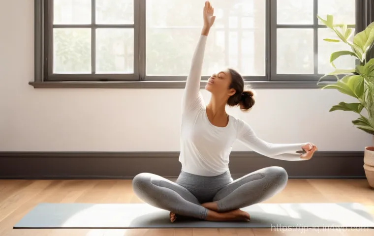 간편한 셀프케어 루틴 10가지 - **Morning Awakening and Gentle Stretch**
    A serene, naturalistic image of a young woman in her ea...