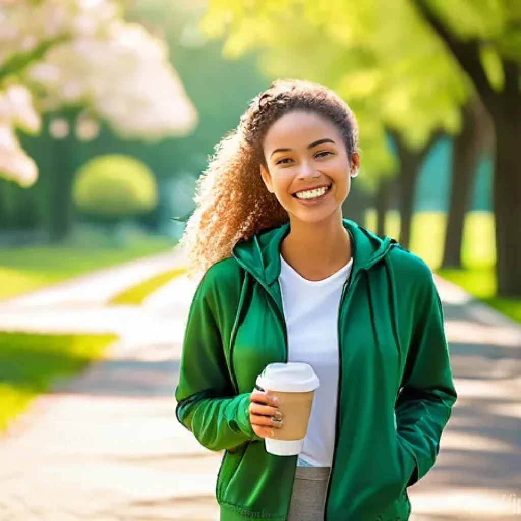 셀프케어 루틴을 위한 긍정적인 목표 설정 - **Prompt:** A young woman enjoying a refreshing walk in a vibrant, sun-dappled park on a beautiful, ...
