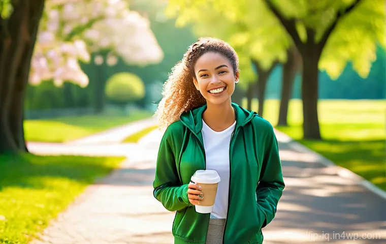 셀프케어 루틴을 위한 긍정적인 목표 설정 - **Prompt:** A young woman enjoying a refreshing walk in a vibrant, sun-dappled park on a beautiful, ...