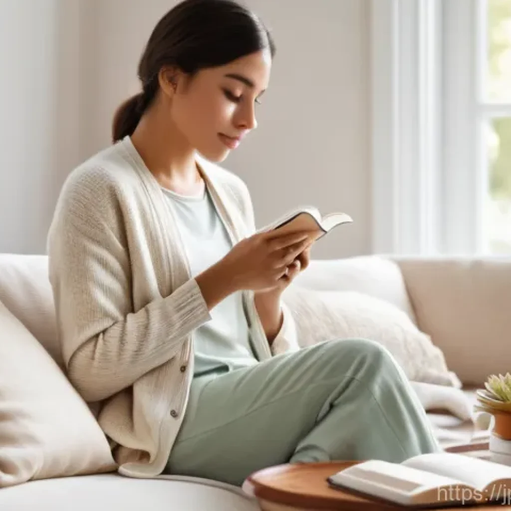 셀프케어 루틴의 심리적 효과 - **Prompt:** "A young woman in her late 20s is peacefully seated on a plush, cream-colored sofa in a ...