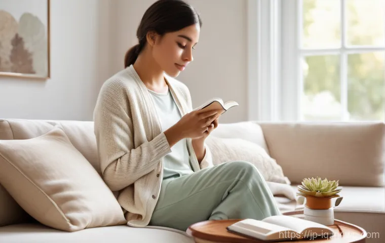 셀프케어 루틴의 심리적 효과 - **Prompt:** "A young woman in her late 20s is peacefully seated on a plush, cream-colored sofa in a ...