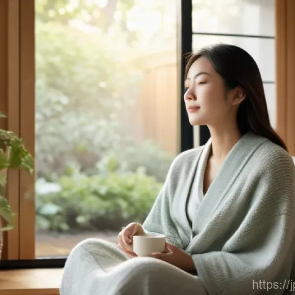 셀프케어 루틴과 스트레스의 상관관계 - **"A tranquil Japanese woman in her late 20s to early 30s sits peacefully in a sunlit, minimalist li...