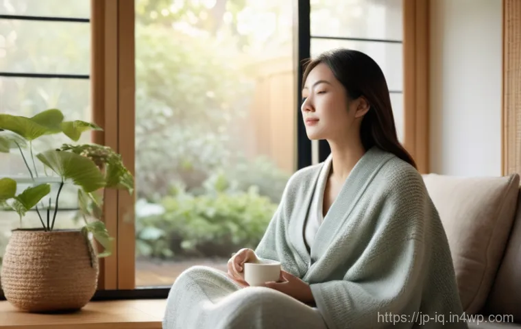 셀프케어 루틴과 스트레스의 상관관계 - **"A tranquil Japanese woman in her late 20s to early 30s sits peacefully in a sunlit, minimalist li...