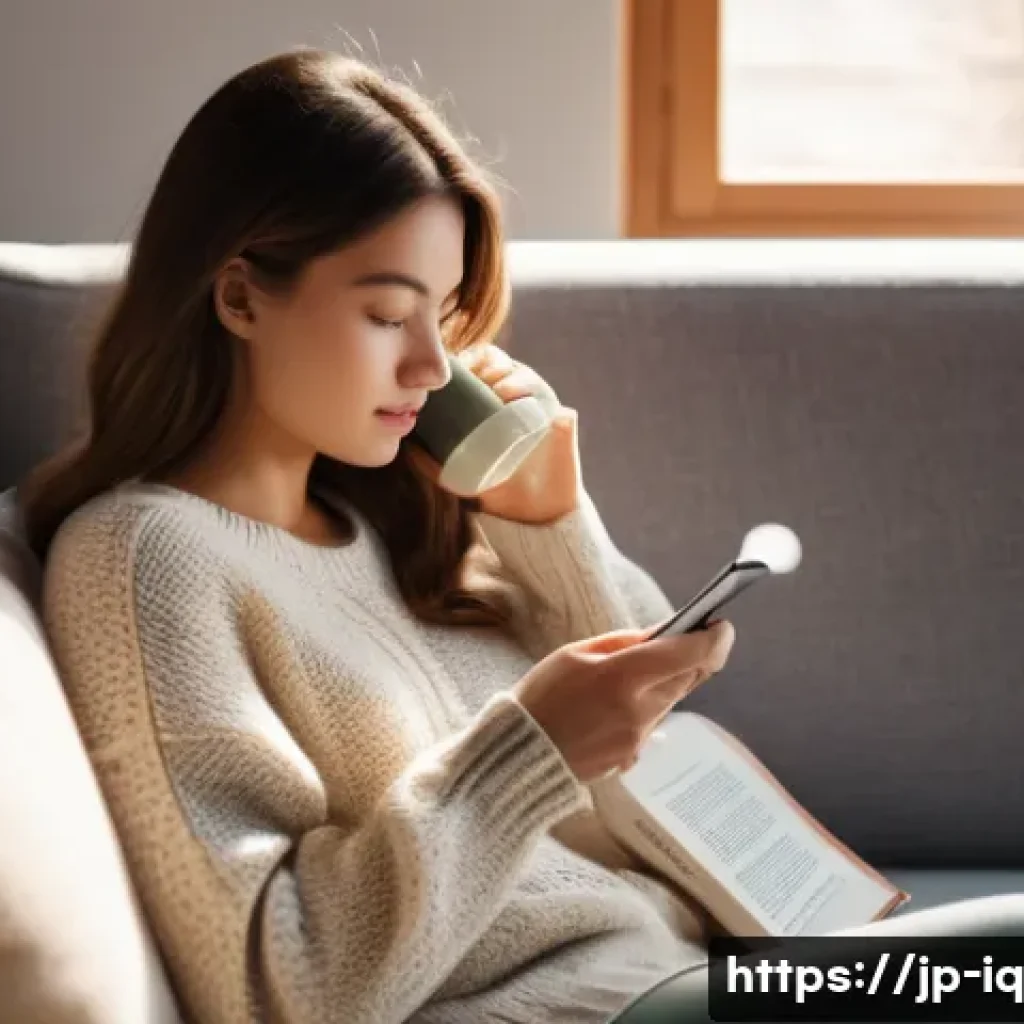 셀프케어 루틴으로 스트레스 관리하기 - **Prompt:** A young woman in her late 20s is sitting comfortably on a plush sofa in a sunlit living ...