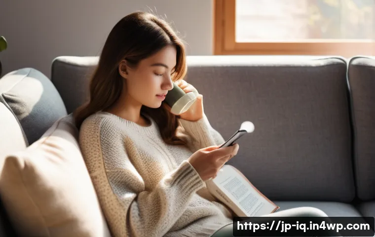 셀프케어 루틴으로 스트레스 관리하기 - **Prompt:** A young woman in her late 20s is sitting comfortably on a plush sofa in a sunlit living ...