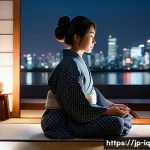 셀프케어 루틴의 지속 가능성 평가하기 - A serene modern Japanese bedroom at night, softly lit by warm ambient lighting, featuring a young ad...