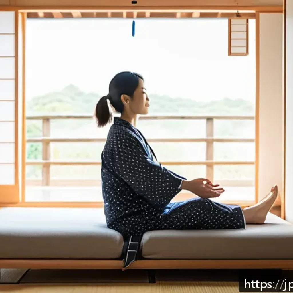 셀프케어 루틴을 통한 회복력 강화하기 - A serene morning bedroom scene featuring a Japanese woman in comfortable, modest pajamas performing ...