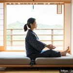셀프케어 루틴을 통한 회복력 강화하기 - A serene morning bedroom scene featuring a Japanese woman in comfortable, modest pajamas performing ...