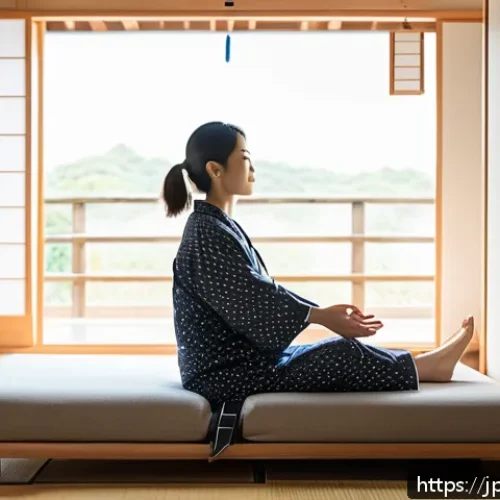 셀프케어 루틴을 통한 회복력 강화하기 - A serene morning bedroom scene featuring a Japanese woman in comfortable, modest pajamas performing ...