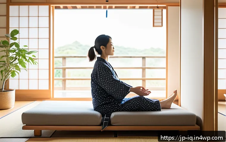 셀프케어 루틴을 통한 회복력 강화하기 - A serene morning bedroom scene featuring a Japanese woman in comfortable, modest pajamas performing ...