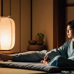 셀프케어 루틴으로 수면 질 개선하기 - A serene Japanese bedroom scene at night featuring a young adult woman practicing deep breathing and...