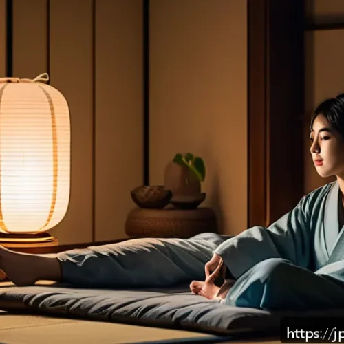 셀프케어 루틴으로 수면 질 개선하기 - A serene Japanese bedroom scene at night featuring a young adult woman practicing deep breathing and...