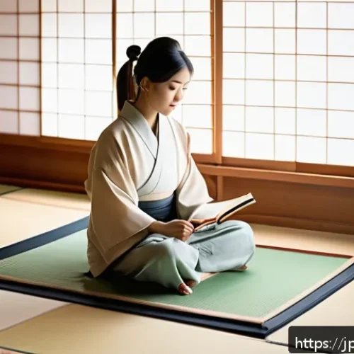 셀프케어 루틴과 자기 연민의 관계 - A serene Japanese-style room at dusk with soft natural light filtering through shoji screens, a youn...