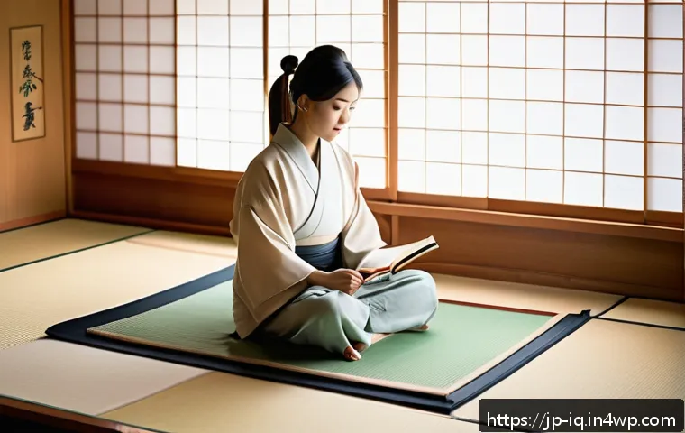 셀프케어 루틴과 자기 연민의 관계 - A serene Japanese-style room at dusk with soft natural light filtering through shoji screens, a youn...