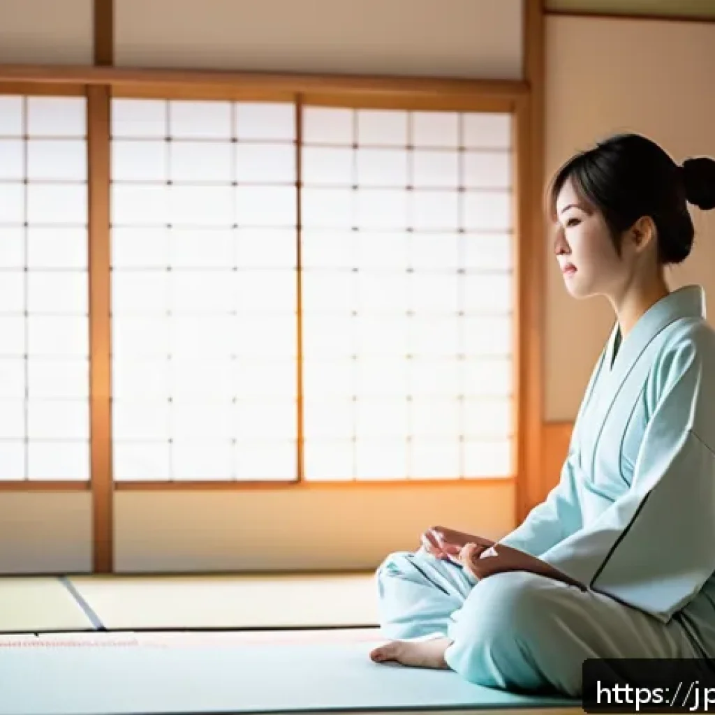 셀프케어 루틴과 감정 조절 - A serene Japanese-style bedroom at dawn, soft natural light filtering through shoji screens, a young...
