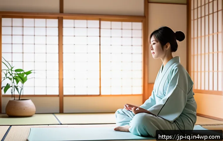 셀프케어 루틴과 감정 조절 - A serene Japanese-style bedroom at dawn, soft natural light filtering through shoji screens, a young...
