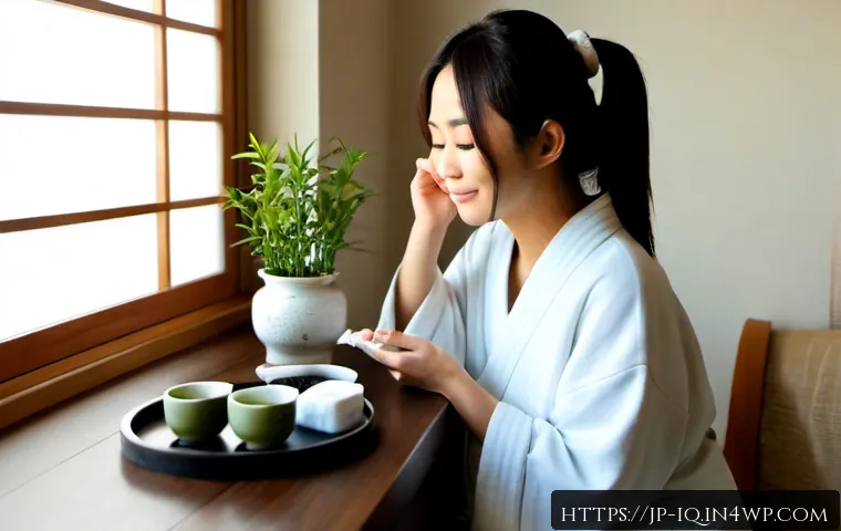 셀프케어 루틴의 심리적 보상 - Photorealistic morning self-care ritual in a serene Japanese-style apartment, a relaxed adult woman ...
