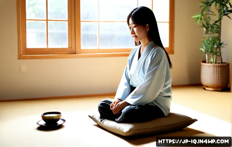 셀프케어 루틴으로 불안증 완화하기 - Photorealistic Japanese adult woman practicing a calming self-care routine in a quiet sunlit living ...